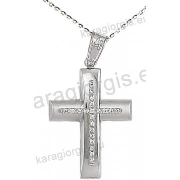 Βαπτιστικός σταυρός K14 με αλυσίδα σε λευκόχρυσο για κορίτσι σε λουστρέ και ματ φινίρισμα με πέτρες ζιργκόν