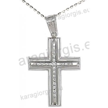 Βαπτιστικός σταυρός K14 με αλυσίδα σε λευκόχρυσο για κορίτσι σε λουστρέ φινίρισμα με πέτρες ζιργκόν