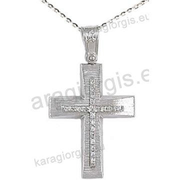 Βαπτιστικός σταυρός K14 με αλυσίδα σε λευκόχρυσο για κορίτσι σε σαγρέ φινίρισμα με πέτρες ζιργκόν