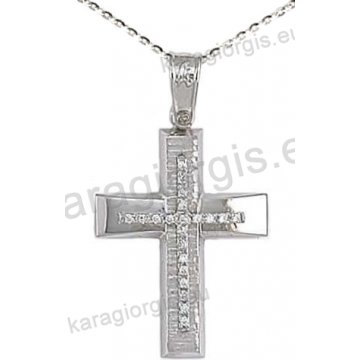 Βαπτιστικός σταυρός K14 με αλυσίδα σε λευκόχρυσο για κορίτσι σε σαγρέ και λουστρέ φινίρισμα με πέτρες ζιργκόν