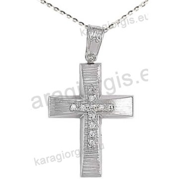 Βαπτιστικός σταυρός K14 με αλυσίδα σε λευκόχρυσο για κορίτσι σε σαγρέ φινίρισμα με πέτρες ζιργκόν