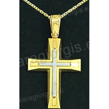 Βαπτιστικός σταυρός με αλυσίδα K14 σε χρυσό για αγόρι σε λουστρέ και ματ φινίρισμα με δεύτερο λευκόχρυσο σταυρό στο κέντρο