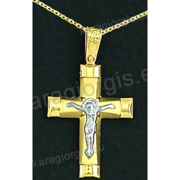 Βαπτιστικός σταυρός με αλυσίδα K14 σε χρυσό για αγόρι σε λουστρέ και ματ φινίρισμα με λευκόχρυσο εσταυρωμένο στο κέντρο