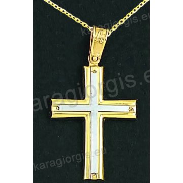 Βαπτιστικός σταυρός με αλυσίδα K14 σε χρυσό για αγόρι σε λουστρέ φινίρισμα με δεύτερο λευκόχρυσο ματ σταυρό στο κέντρο