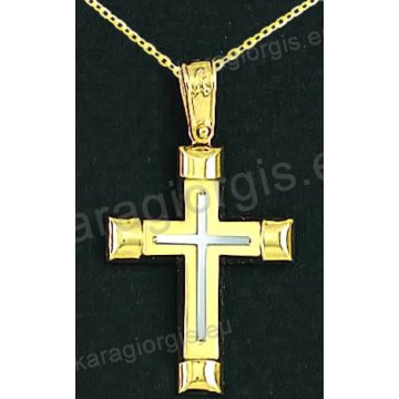 Βαπτιστικός σταυρός με αλυσίδα K14 σε χρυσό για αγόρι σε λουστρέ και ματ φινίρισμα με δεύτερο σταυρό λευκόχρυσοστο κέντρο