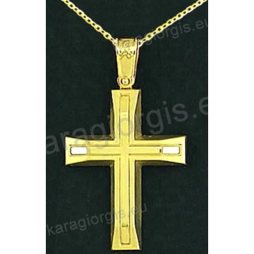 Βαπτιστικός σταυρός με αλυσίδα K14 σε χρυσό για αγόρι σε λουστρέ και ματ φινίρισμα με δεύτερο σταυρό στο κέντρο