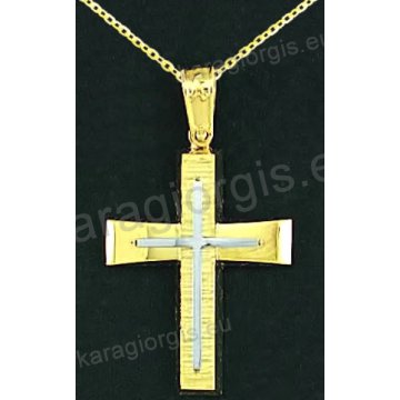 Βαπτιστικός σταυρός με αλυσίδα K14 σε χρυσό για αγόρι σε λουστρέ και σαγρέ φινίρισμα με λευκόχρυσο δεύτερο σταυρό στο κέντρο