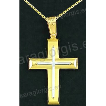 Βαπτιστικός σταυρός με αλυσίδα K14 σε χρυσό για αγόρι σε λουστρέ και ματ φινίρισμα με λευκόχρυσο δεύτερο σταυρό στο κέντρο