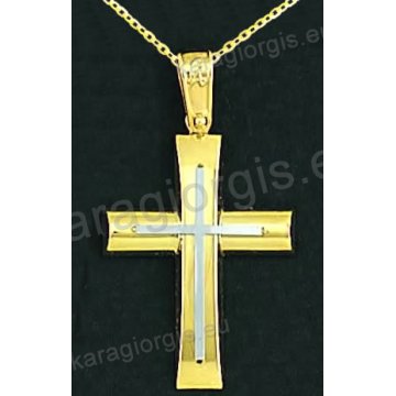 Βαπτιστικός σταυρός με αλυσίδα K14 σε χρυσό για αγόρι σε λουστρέ φινίρισμα με δεύτερο ματ σταυρό λευκόχρυσο στο κέντρο