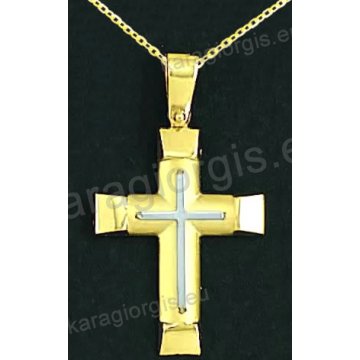 Βαπτιστικός σταυρός με αλυσίδα K14 σε χρυσό για αγόρι σε λουστρέ και ματ φινίρισμα με δεύτερο σταυρό λευκόχρυσο στο κέντρο