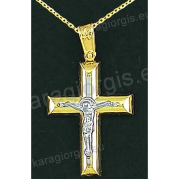Βαπτιστικός σταυρός με αλυσίδα K14 σε χρυσό για αγόρι σε λουστρέ φινίρισμα με λευκόχρυσο εσταυρωμένο στο κέντρο