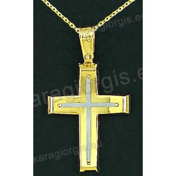 Βαπτιστικός σταυρός με αλυσίδα K14 σε χρυσό για αγόρι σε λουστρέ φινίρισμα με δεύτερο ματ σταυρό λευκόχρυσο στο κέντρο