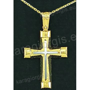 Βαπτιστικός σταυρός με αλυσίδα K14 σε χρυσό για αγόρι σε λουστρέ και σαγρέ φινίρισμα με δεύτερο σταυρό λευκόχρυσο στο κέντρο