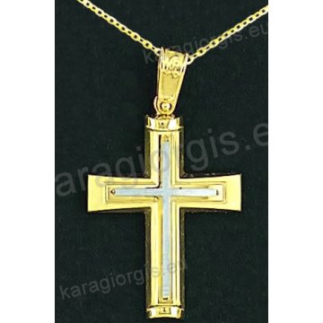 Βαπτιστικός σταυρός με αλυσίδα K14 σε χρυσό για αγόρι σε λουστρέ και ματ φινίρισμα με λευκόχρυσο δεύτερο σταυρό στο κέντρο