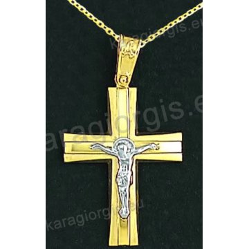 Βαπτιστικός σταυρός με αλυσίδα K14 σε χρυσό για αγόρι σε λουστρέ και ματ φινίρισμα με λευκόχρυσο εσταυρωμένο στο κέντρο