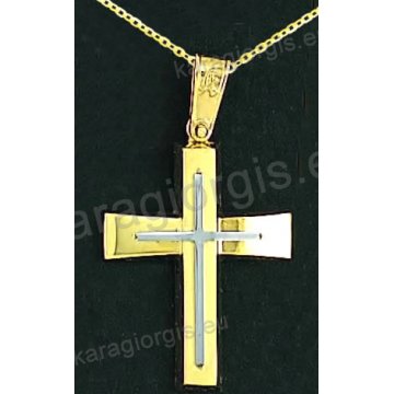 Βαπτιστικός σταυρός με αλυσίδα K14 σε χρυσό για αγόρι σε λουστρέ και ματ φινίρισμα με δεύτερο σταυρό λευκόχρυσο στο κέντρο