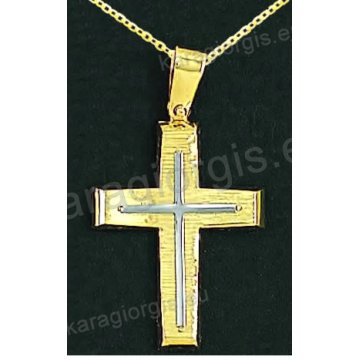 Βαπτιστικός σταυρός με αλυσίδα K14 σε χρυσό για αγόρι σε λουστρέ και σαγρέ φινίρισμα με δεύτερο λευκόχρυσο σταυρό στο κέντρο