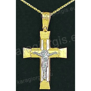 Βαπτιστικός σταυρός με αλυσίδα K14 σε χρυσό για αγόρι σε λουστρέ και σαγρέ φινίρισμα με λευκόχρυσο εσταυρωμένο στο κέντρο