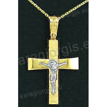 Βαπτιστικός σταυρός με αλυσίδα K14 σε χρυσό για αγόρι σε λουστρέ και σαγρέ φινίρισμα με εσταυρωμένο λευκόχρυσο στο κέντρο