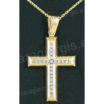Βαπτιστικός σταυρός με αλυσίδα K14 σε χρυσό για κορίτσι σε λουστρέ φινίρισμα με δεύτερό λευκόχρυσο σταυρό στο κέντρο με πέτρες ζιργκόν