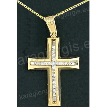 Βαπτιστικός σταυρός με αλυσίδα K14 σε χρυσό για κορίτσι σε λουστρέ και ματ φινίρισμα με δεύτερό λευκόχρυσο σταυρό στο κέντρο με πέτρες ζιργκόν
