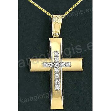 Βαπτιστικός σταυρός με αλυσίδα K14 σε χρυσό για κορίτσι σε λουστρέ και ματ φινίρισμα με δεύτερό λευκόχρυσο σταυρό στο κέντρο με πέτρες ζιργκόν