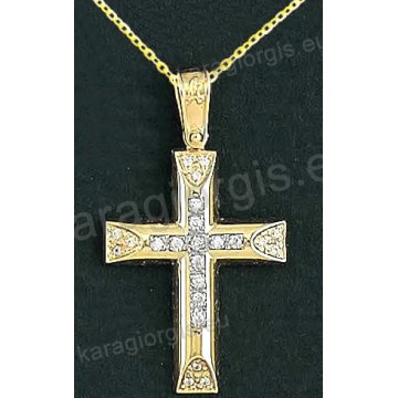 Βαπτιστικός σταυρός με αλυσίδα K14 σε χρυσό για κορίτσι σε λουστρέ φινίρισμα με δεύτερό λευκόχρυσο σταυρό στο κέντρο με πέτρες ζιργκόν