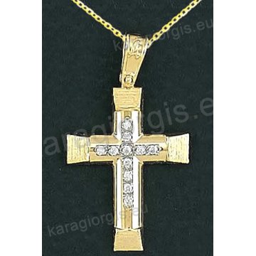 Βαπτιστικός σταυρός με αλυσίδα K14 σε χρυσό για κορίτσι σε σαγρέ και λουστρέ φινίρισμα με δεύτερό λευκόχρυσο σταυρό στο κέντρο με πέτρες ζιργκόν