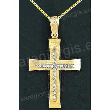 Βαπτιστικός σταυρός με αλυσίδα K14 σε χρυσό για κορίτσι σε σαγρέ φινίρισμα με δεύτερό λευκόχρυσο σταυρό στο κέντρο με πέτρες ζιργκόν