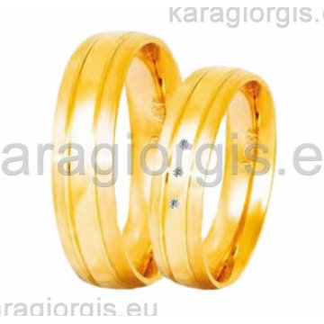 Βέρες Στεργιάδης Collection χρυσές της σειράς S by Stergiadis ανατομικός σχεδιασμός 5,00mm με 2 διαμαντέ γραμμές στα πλαϊνά κέντρο λουστρέ ματ πλαϊνά και πέτρες ζιρκόν