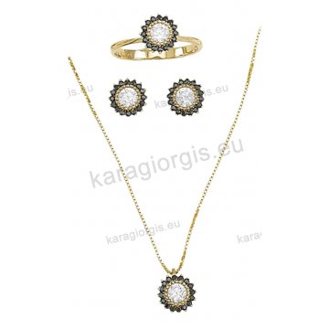 Σετ χρυσό κολιέ, σκουλαρίκια, δαχτυλίδι σε σχήμα ροζέτας με άσπρες και μαύρες πέτρες ζιργκόν
