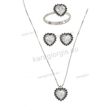 Σετ λευκόχρυσο κολιέ, σκουλαρίκια, δαχτυλίδι σε ροζέτα σε σχήμα καρδιάς με άσπρες και μαύρες πέτρες ζιργκόν