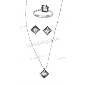 Σετ λευκόχρυσο κολιέ, σκουλαρίκια, δαχτυλίδι σε ροζέτα σε σχήμα ρόμβου με άσπρες και μαύρες πέτρες ζιργκόν