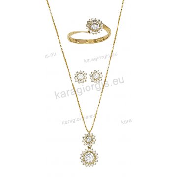 Σετ χρυσό κολιέ, σκουλαρίκια, δαχτυλίδι σε σχήμα διπλής ροζέτας με λευκές πέτρες ζιργκόν