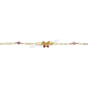 Παιδικό βραχιολάκι χρυσό με κόκκινη πεταλούδα από σμάλτο με ροζ σπινέλιους