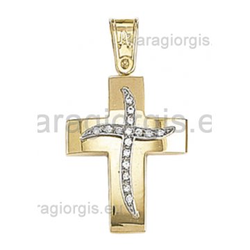 Βαπτιστικός σταυρός για κορίτσι χρυσός με λευκόχρυσο και πέτρες ζιργκόν Με δώρο την αλυσίδα