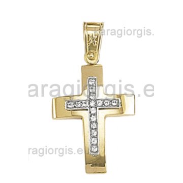 Βαπτιστικός σταυρός για κορίτσι χρυσός με λευκόχρυσο και πέτρες ζιργκόν