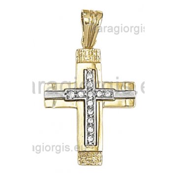 Βαπτιστικός σταυρός για κορίτσι χρυσός με λευκόχρυσο και πέτρες ζιργκόν