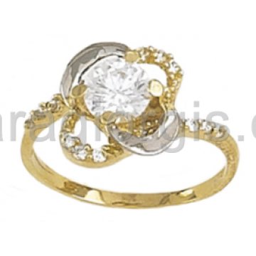 Μονόπετρο δαχτυλίδι χρυσό και λευκόχρυσο με λευκές πέτρες ζιργκόν