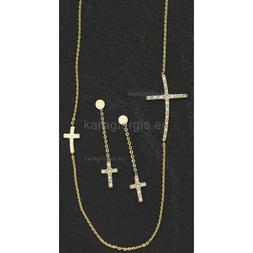 Σετ κολιέ με δύο σταυρούς σε διαφορετικό μέγεθος με σκουλαρίκια κρεμαστά σε χρυσό και πέτρες ζιργκόν