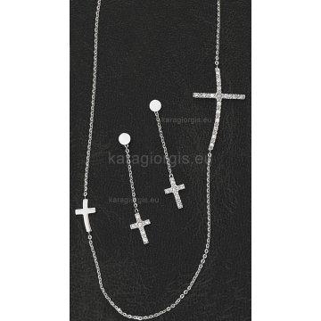 Σετ κολιέ με δύο σταυρούς σε διαφορετικό μέγεθος με κρεμαστά σκουλαρίκια σε λευκόχρυσο και πέτρες ζιργκόν.