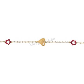 Παιδικό βραχιολάκι χρυσό για κορίτσι με καρδούλα και λουλουδάκια με κόκκινες πέτρες ζιργκόν