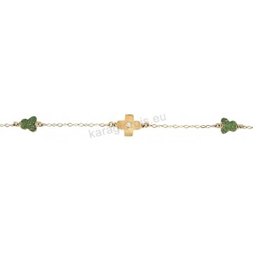 Παιδικό βραχιολάκι χρυσό για κορίτσι με σταυρουδάκι και πεταλουδίτσες με πράσινες πέτρες ζιργκόν