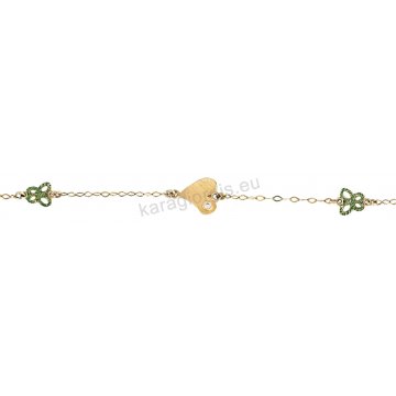 Παιδικό βραχιολάκι χρυσό για κορίτσι με καρδούλα και πεταλουδίτσες με πράσινες πέτρες ζιργκόν