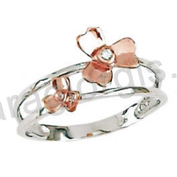 Δαχτυλίδι λευκόχρυσο και ροζ χρυσό με λουλουδάκια με λευκές πέτρες ζιργκόν
