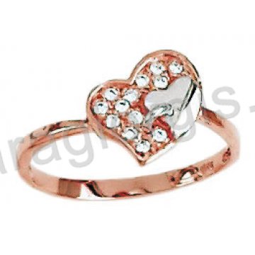 Δαχτυλίδι ροζ χρυσό με καρδιά με λευκές πέτρες ζιργκόν