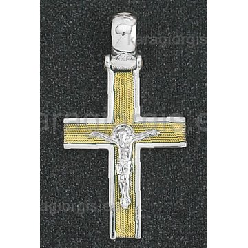 Βαπτιστικός σταυρός λευκόχρυσος με εσταυρωμένο και χρυσό σύρμα δουλεμένο στο χέρι 