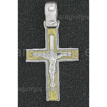 Βαπτιστικός σταυρός λευκόχρυσος με εσταυρωμένο και χρυσό σύρμα δουλεμένο στο χέρι 