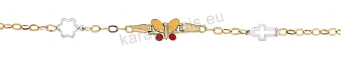 Παιδικό βραχιολάκι χρυσό για κορίτσι με κίτρινη - κόκκινη πεταλουδίτσα από σμάλτο με λευκόχρυσο σταυρουδάκι και λουλουδάκι