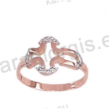 Δαχτυλίδι ροζ χρυσό σε σχήμα σταυρού με πέτρες ζιργκόν 